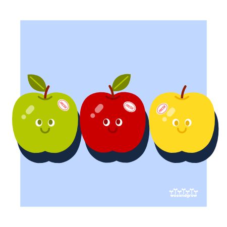 Vector art of three apples in a row with smiling faces, one green, one red and one yellow. They each have a sticker on them that says "Fresh".