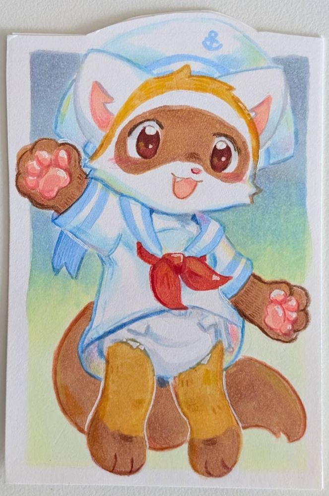 chibi marker and colored pencil badge of soda the ferret in a sailor outfit and diaper, waving happily on a soft blue and green background.