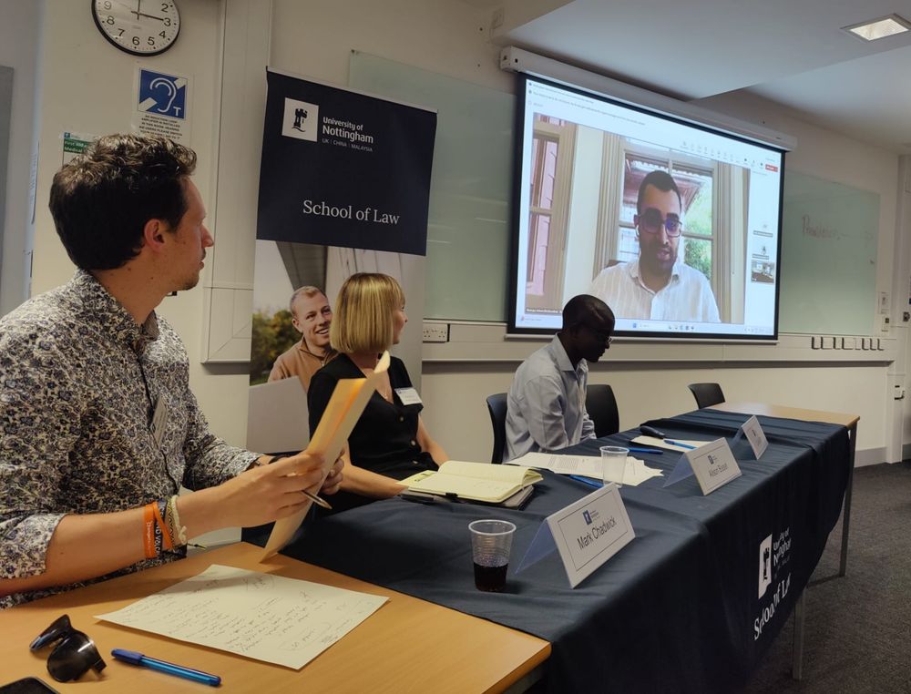 Image of session eight of the 2025 Nottingham International Criminal Justice Conference, featuring four speakers (L:R Mark Chadwick, Alison Bisset, Luke Eda, and Selman Aksünger).
