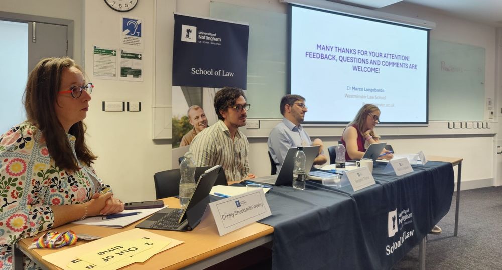 Image of session seven of the 2025 Nottingham International Criminal Justice Conference, featuring four speakers (L:R Christy Shucksmith-Wesley, Benjamin Thorne, Marco Longobardo, and Natalie Hodgson). 