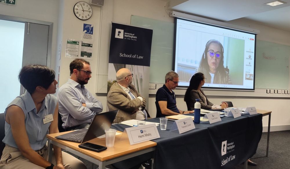 Image of session two of the 2025 Nottingham International Criminal Justice Conference, featuring six speakers (L:R Hemi Mistry, Francesco Cunsolo, Caleb Wheeler, Victor Kattan, Daryna Abbakumova & Jolana Makraiová). 