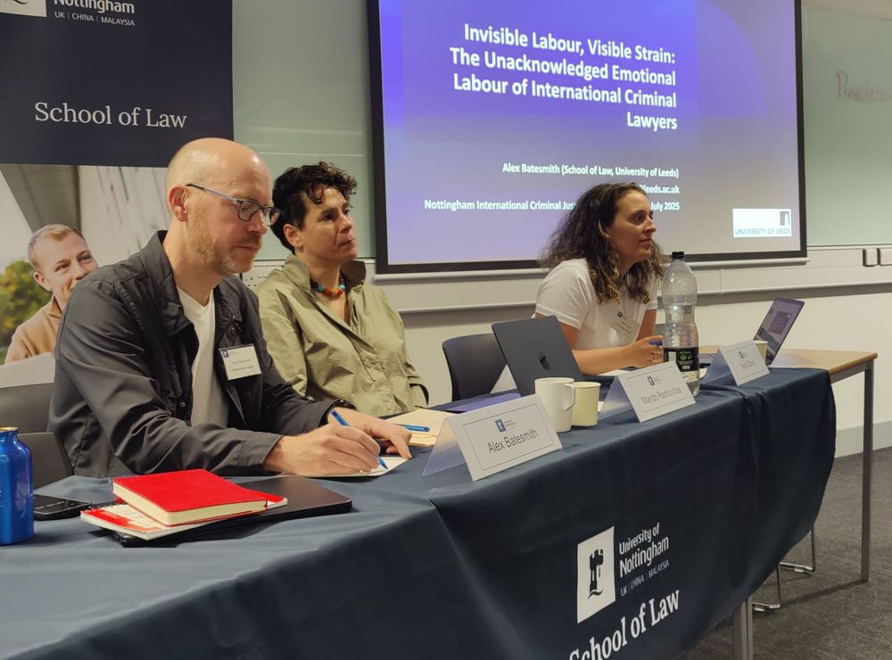 Image of session five of the 2025 Nottingham International Criminal Justice Conference, featuring three speakers (L:R Alex Batesmith, Mando Rachovitsa, and Ilaria Zavoli). 