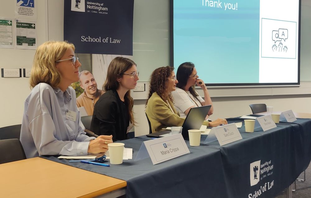 Image of session six of the 2025 Nottingham International Criminal Justice Conference, featuring four speakers (L:R Maria Crippa, Sara Ciucci, Elena Katselli, and Giovanna Frisso). 