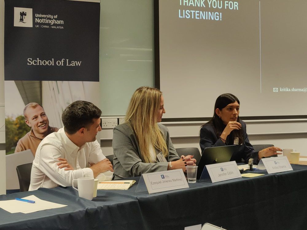 Image of session four of the 2025 Nottingham International Criminal Justice Conference, featuring three speakers (L:R Ezequiel Jimenez,  Jennifer Giblin, and Kritika Sharma). 