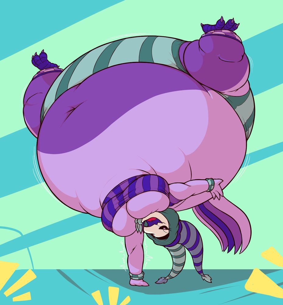 cel shade commission drawing for @omegashironeko, featuring their female jester bird oc Ludavix.
She has a monobutt body shape in the drawing, and is balancing her own weight using one single arm, upside down; the other arm is extending sideways to keep steady. The trickster gal is grinning with open mouth, proud of getting the public in awe of the dramatic pose with her heavy bottom self. She is not wearing pants this time (just stripped panties), the top is her usual bra and jester hat.