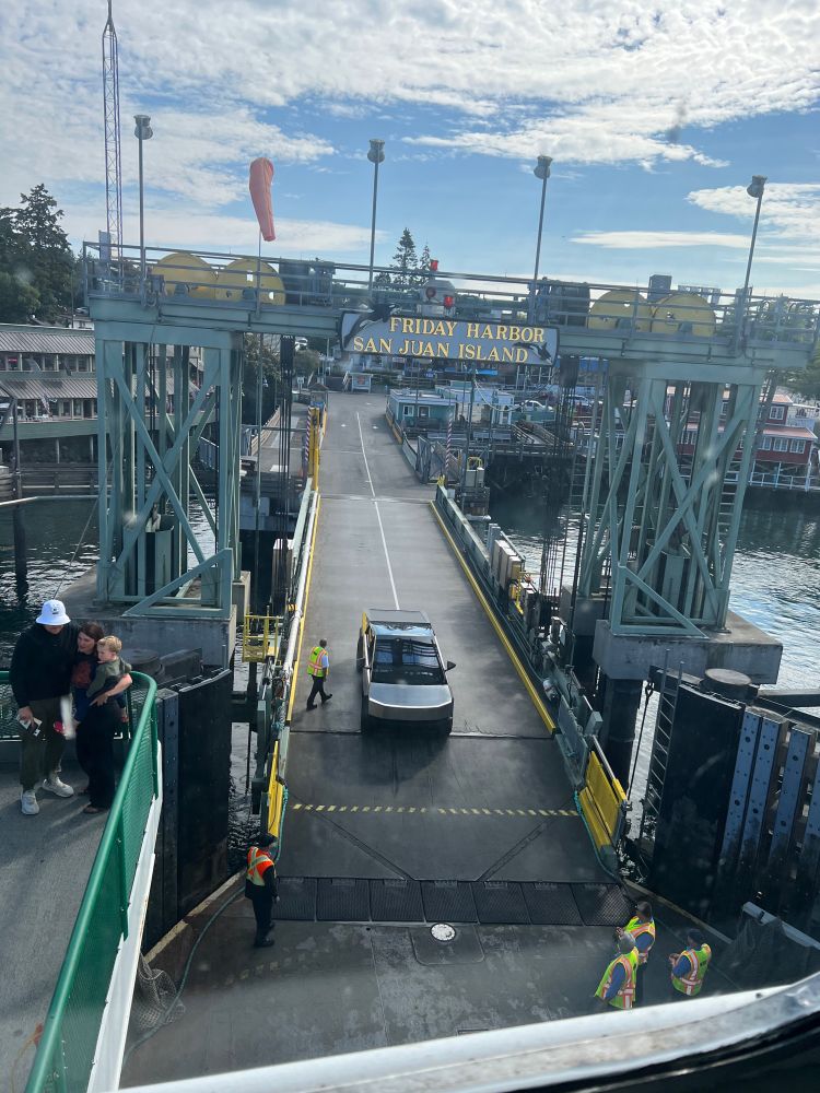 A Cybertruck boarding the ferry at Friday Harbor on San Juan Island in Washington.