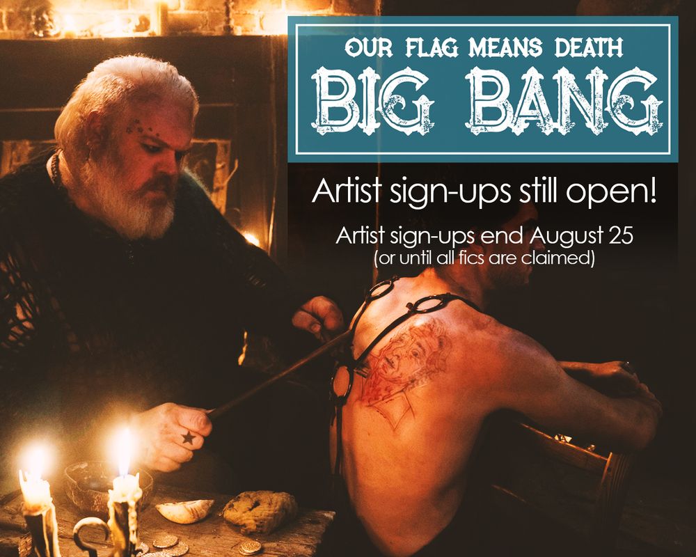 promo graphic with the info about artist sign-ups in the post over a photo of Wee John tattooing Stede's face onto someone's back