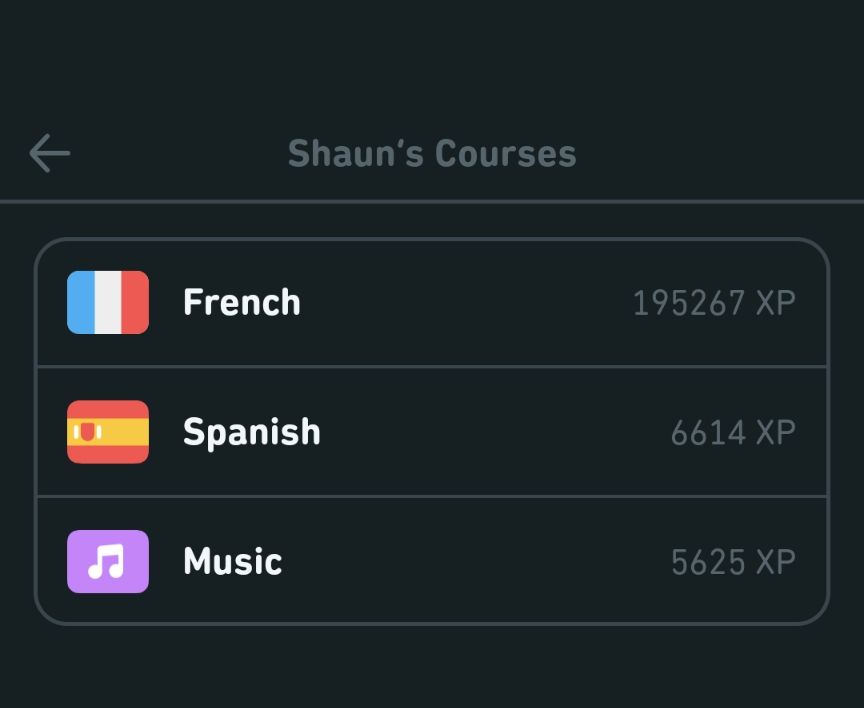 A screenshot of experience points earned on Duolingo. From top to bottom (by experience): French, Spanish, Music. 