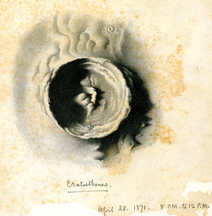 Image source: https://www.repository.cam.ac.uk/bitstreams/bc04c735-20a1-48b7-bcb6-6be5b4745dac/download, Crater April 28, 1871 (1.64 MB)

Holiday, H. (2009). Sketches of the Moon and a Sunspot group. [Image]. Apollo - University of Cambridge Repository. http://www.dspace.cam.ac.uk/handle/1810/216784

※ Authors: Holiday, Henry 
※ Abstract: 
※ Description: Sizes of originals; A 210x230mm, B 200x240mm, C 198x227mm & D 250x200mm.
※ Keywords: artists, Moon, craters, lunar, sunspots, sketches
※ Rights: Attribution 4.0 International (CC BY 4.0) Repository logo
※ Collections: Images from the Institute of Astronomy Library
