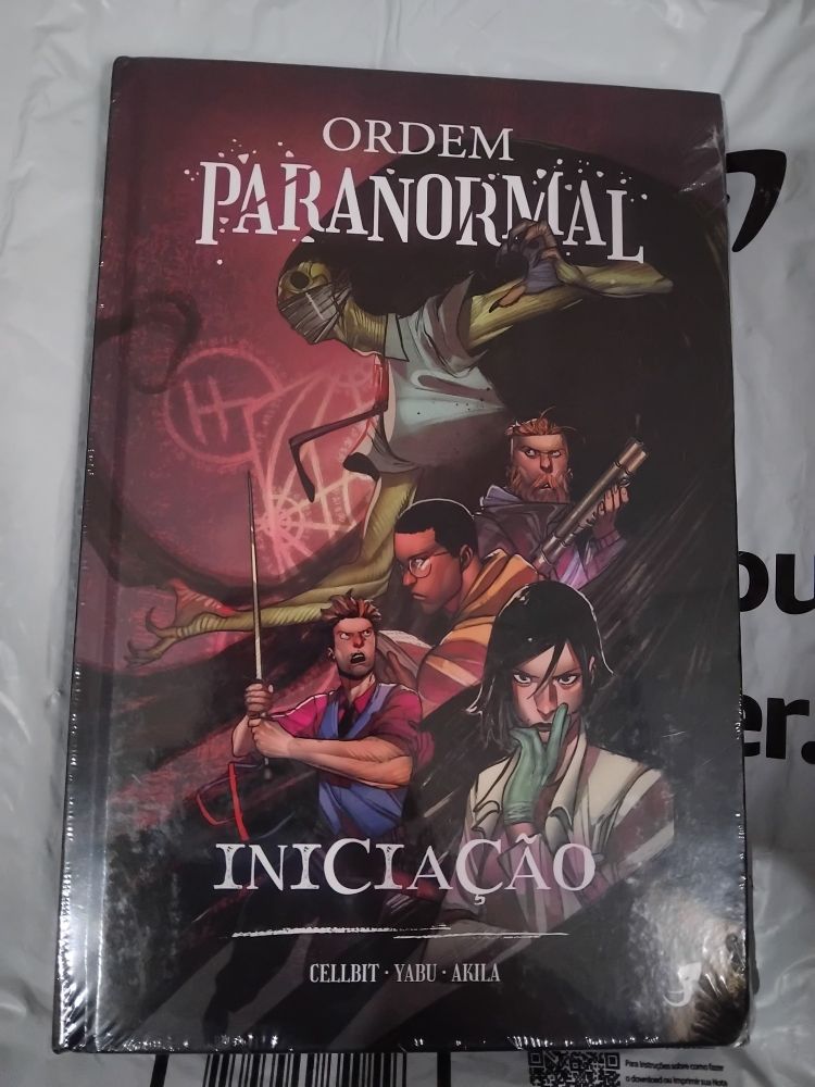 Uma foto da história em quadrinhos (HQ) de Ordem Paranormal: Iniciação. A imagem da capa está escrito "Ordem Paranormal" no centro e com letras grande, e em baixo, "Iniciação", também grande, um risco embaixo e os nomes "Cellbit, Yabu e Akila". O desenho consiste no monstro Degolificada, próximo do que está escrito em cima. E os quatro personagens principais: Daniel, Alex, Thiago e Liz.