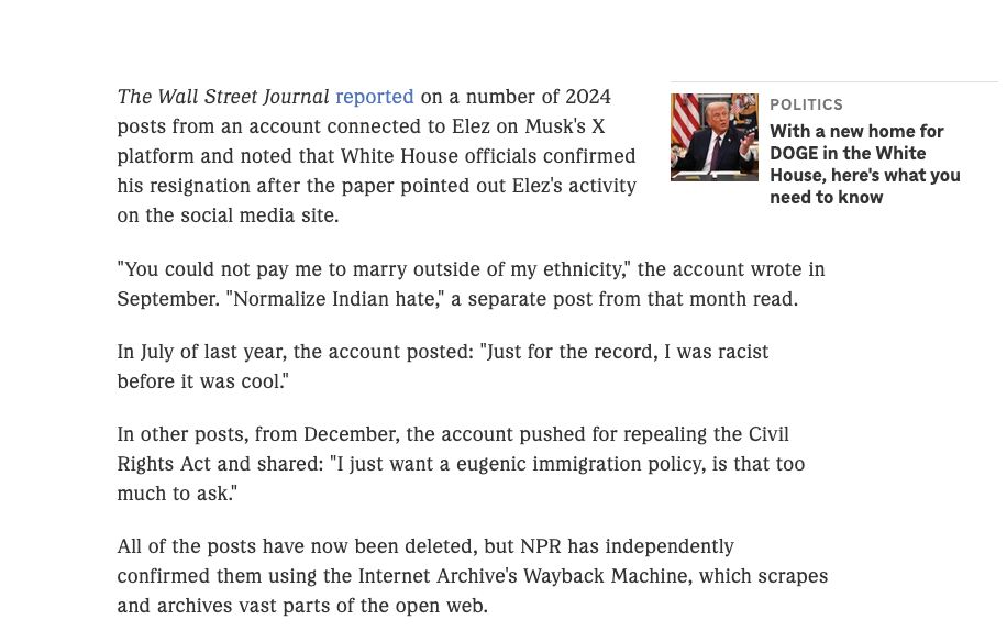 screenshot of npr article on Marko Elez resignation from DOGE