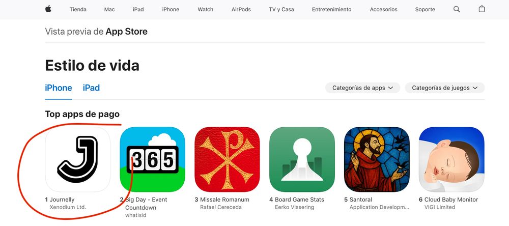 Screenshot of the App Store in Spain, showing Journelly as the numebr 1 paid lifestyle app