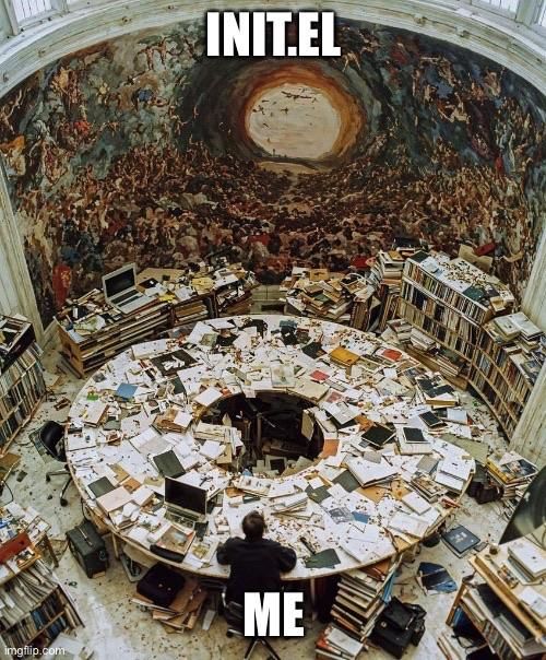This image features a circular room with a domed ceiling painted with a dramatic, apocalyptic-style fresco depicting a large swirling scene of figures and activity centered around a glowing orb or sun in the sky. Below, there is a vast circular desk filled with piles of books, papers, and scattered electronic devices, such as laptops and monitors, creating a sense of chaos. A person is seated at the desk, seen from behind, surrounded by the mess. Superimposed text at the top reads "INIT.EL," and at the bottom, it says "ME," humorously illustrating a feeling of overwhelm and disorder in a workspace.