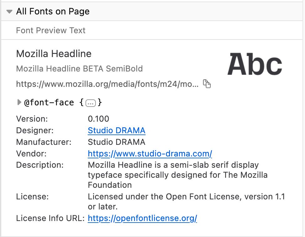 In Firefox DevTools fonts panel, in the "All Fonts on Page" section, the "Mozilla Headline" font is being used, and some new information are now visible (e.g. Version: 0.100, Designer: Studio DRAMA, …)