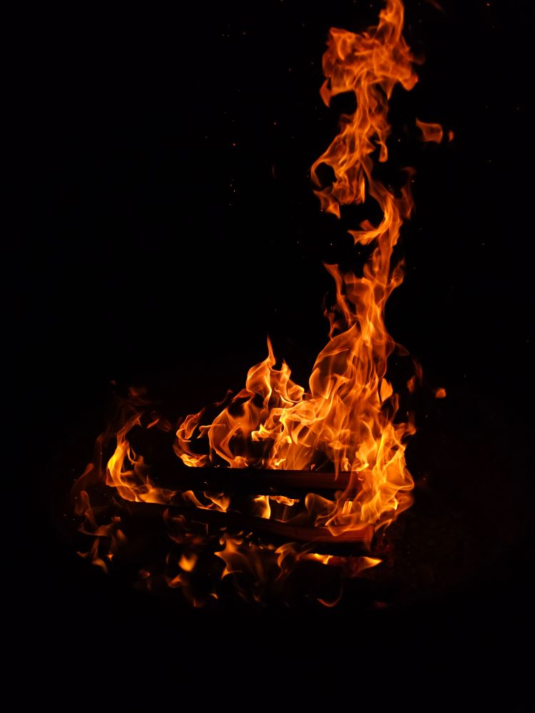 A roaring campfire against the black night sky. Maybe even a cougars face in the flames on the right?