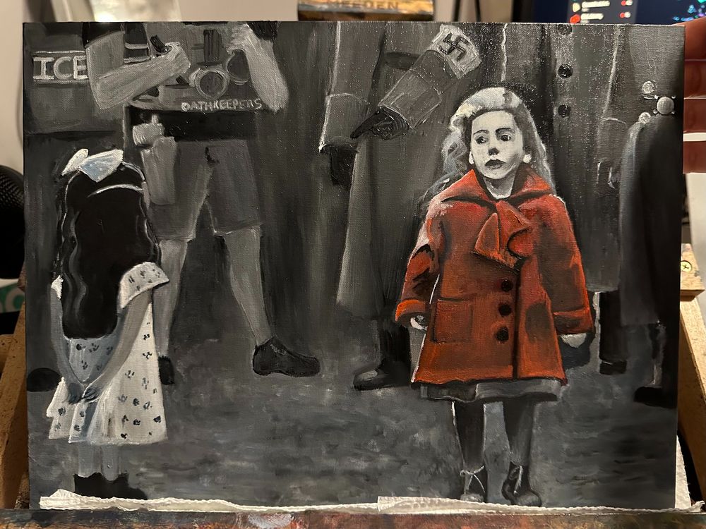 A black and white painting with a crowd of historical Gestapo and contemporary ICE and American Neo-Nazi militia in the background. In the foreground, the "girl in red" from Schindler's list gazes at a little girl in a white dress wearing a large hair ribbon. The girl with the ribbon was abducted along with her family from a courthouse in San Antonio last month, after a judge dismissed their case for removal. 