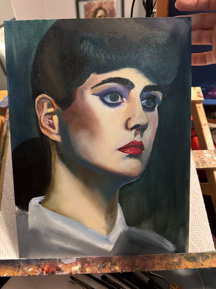 An oil painting in progress of the character Rachael from the film Blade Runner. The painting is a head study of Rachael facing to the right. 