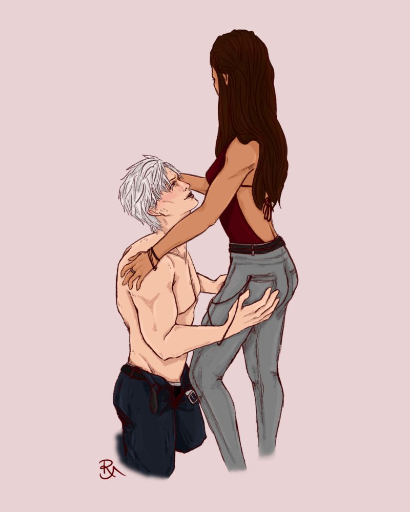 Digitally sketched and coloured artwork of two characters from the mobile game, Love and Deepspace. Sylus, a white-haired, muscular man kneels shirtless in front of MC, a tan-skinned woman in grey jeans and a backless red top. He looks up at her with focus, while she stands with a more casual, relaxed posture. The background is a flat colour in a faint shade of red.