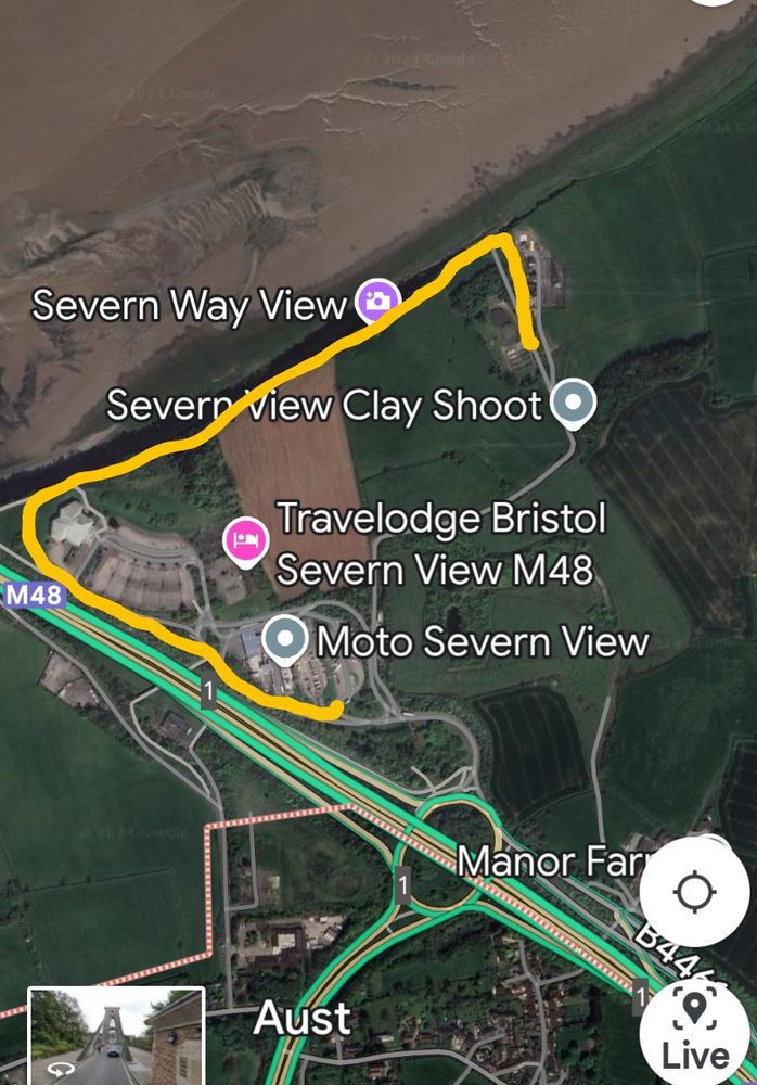 Leave service station carpark and follow yellow line that marks the footpath or cut across diagonally from the travel lodge. Be warned, only 2 hours of free parking.