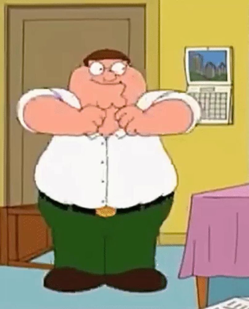 peter griffin from family guy is standing in a room with his arms outstretched .