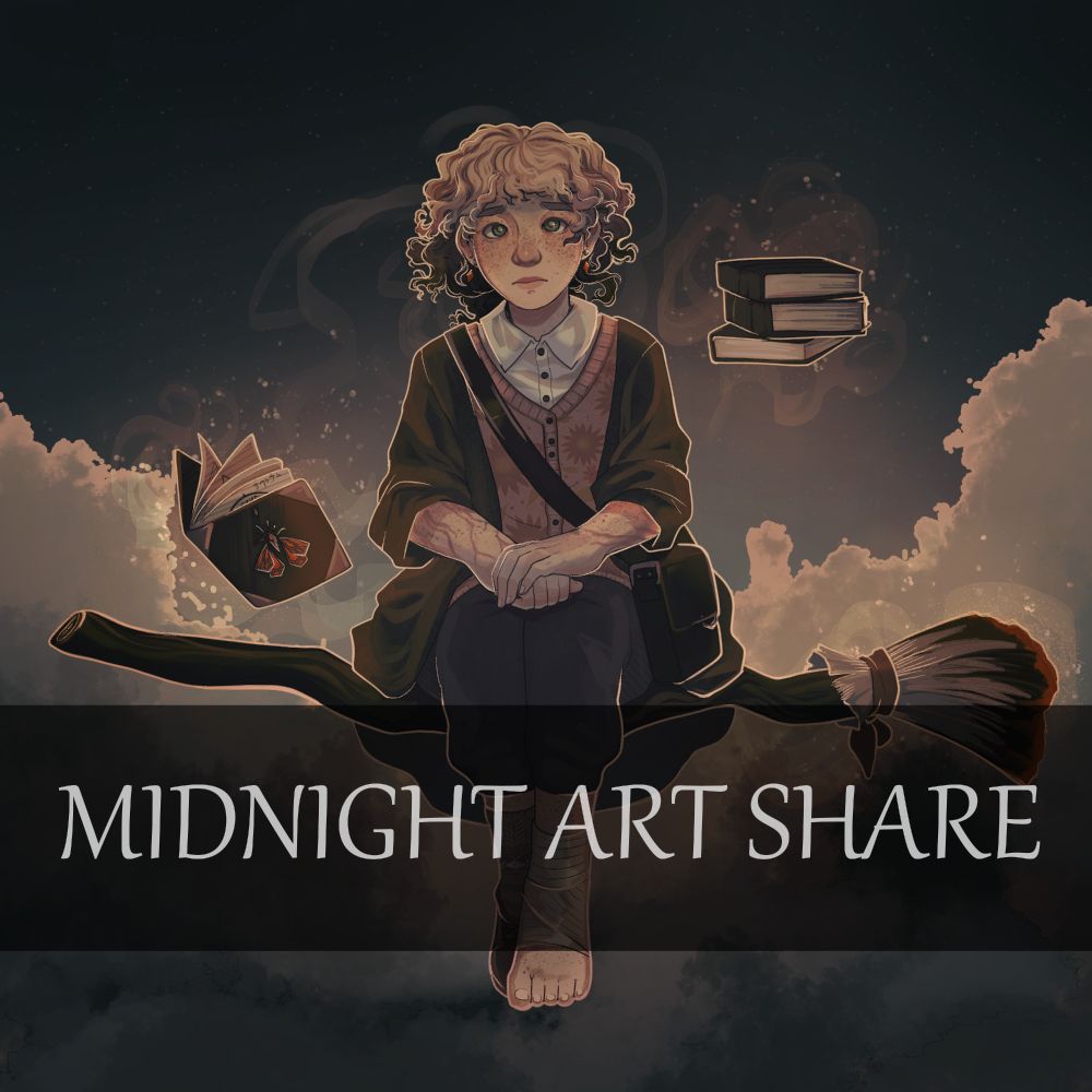 Text reads "Midnight art share" over a drawing of Kinsey sitting on her broom. 