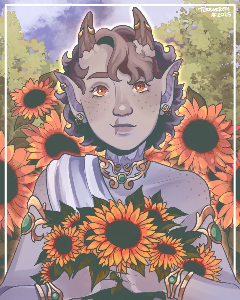 Isolas, a grey tiefling with short curly hair and freckles holding a bouquet of sunflowers and standing in front of more sunflowers. 