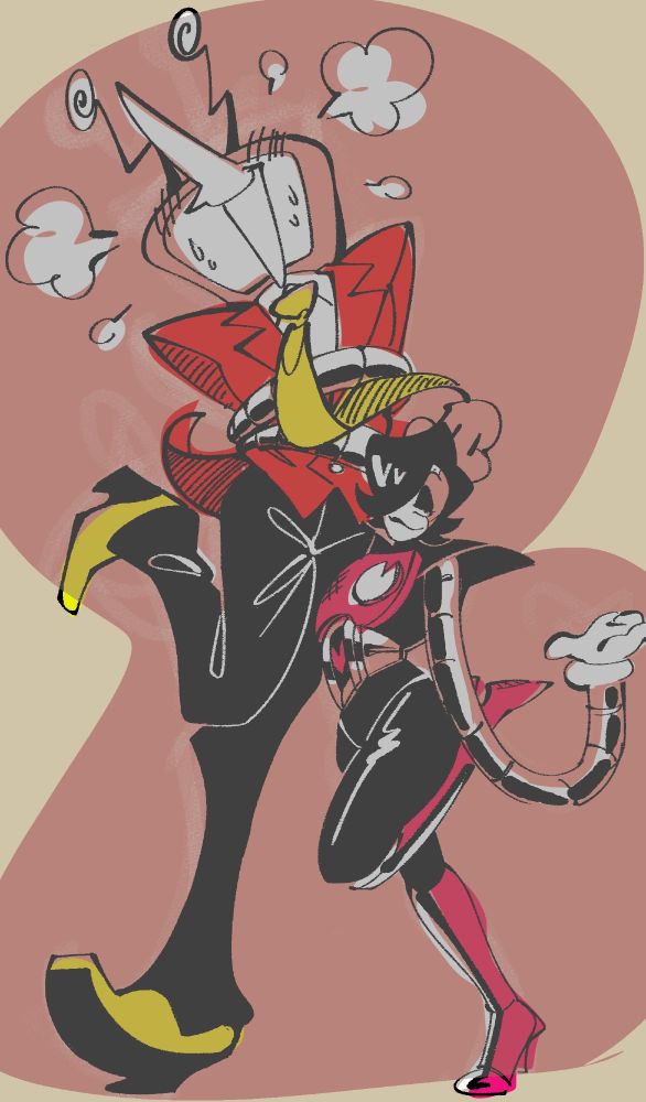 A digital drawing of Mr. Tenna from Deltarune and Mettaton EX from Undertale; Tenna stands at nearly twice Mettaton's height, a leg kicked happily up in the air while steam comes off his head, grinning bashfully and sweating. Mettaton has an arm coiled around his torso, standing playfully with a smile of his own, other arm shrugging with a leg up as he poses.