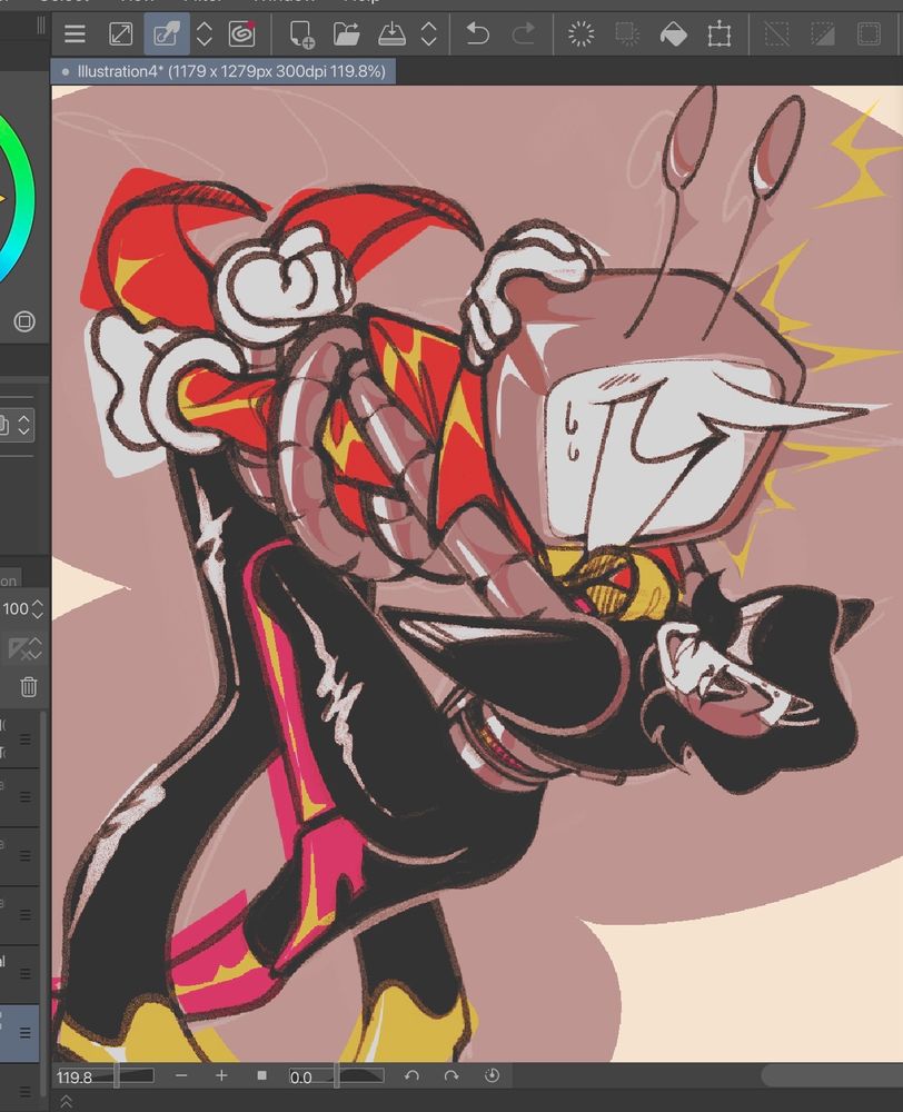 A digital drawing of Mr. Tenna canted over, wrapped up in both of Mettaton's arms and being pulled down while Mettaton grins up at him; a hand pets the back of his TV head coyly.