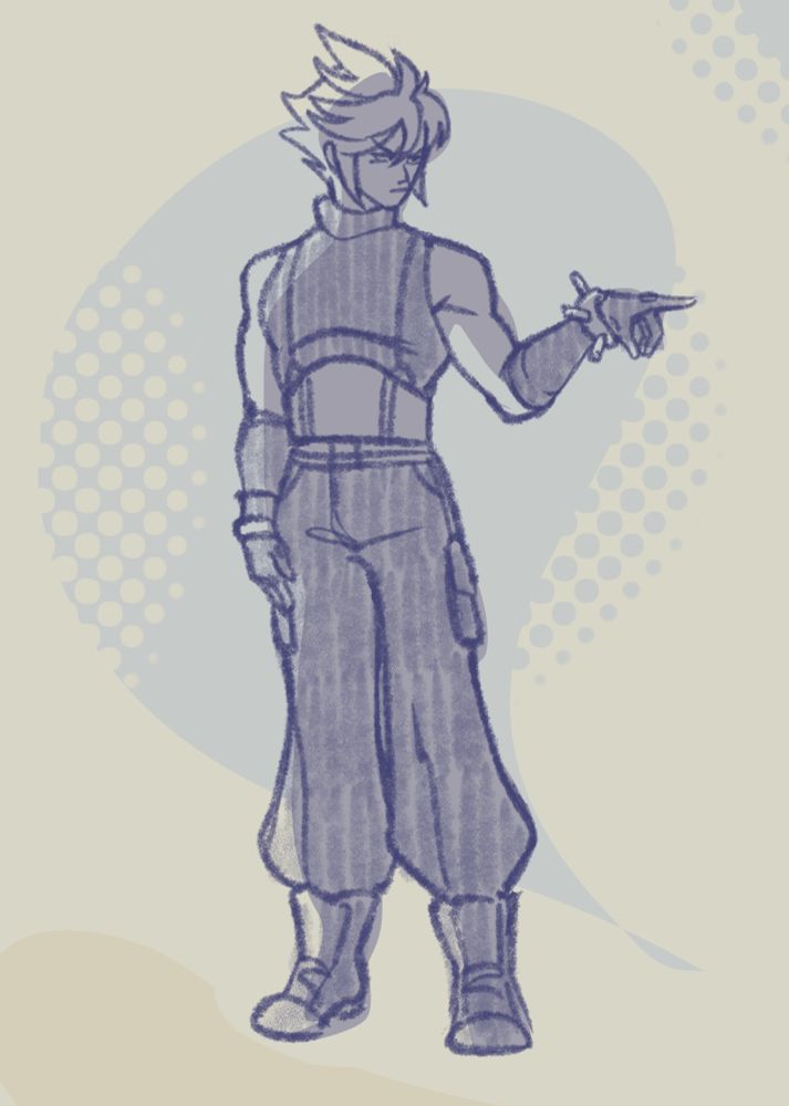 A sketch of Cloud Strife standing upright, pointing to his left side with a scowl.