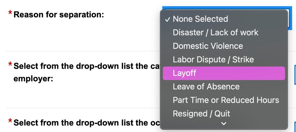 A screenshot from the DC unemployment registration.