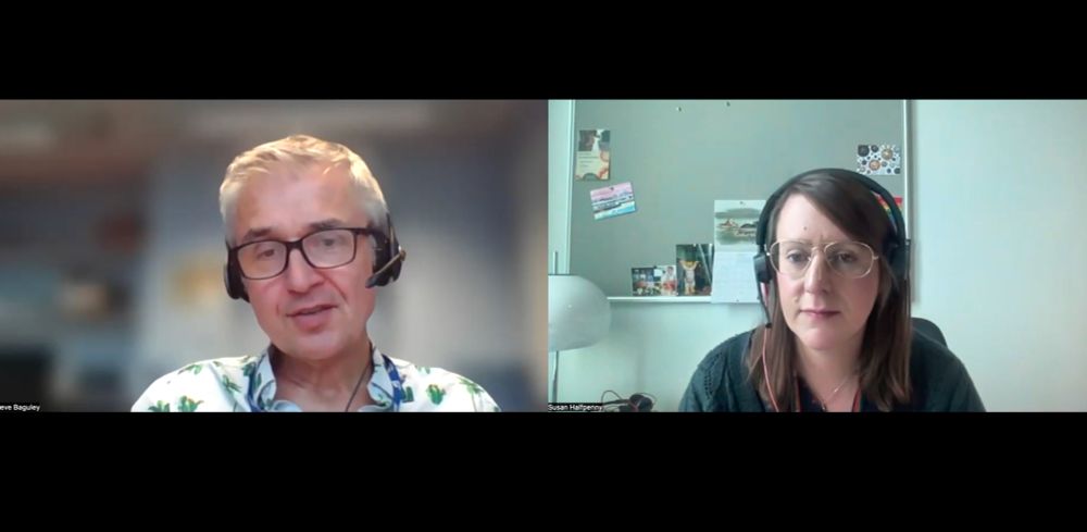Screenshot of a Zoom discussion with Steve Baguley and Susan Halfpenny on screen.