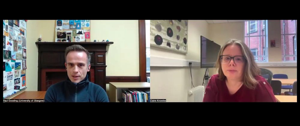 Screenshot of Zoom discussion with Paul Gooding and Claire Knowles on screen.