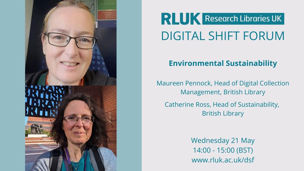 DSF event information card with headshot photos of Maureen Pennock and Catherine Ross from the British Library. Green text of event title and date on grey background.