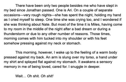 There have been only two people besides me who have slept in my bed since Jonathan passed. One is Ari. On a couple of separate occasions—very rough nights—she has spent the night, holding my hand as I cried myself to sleep. One time she was crying too, and I wondered if she was thinking about Nate. But most of the time it is Miles, having come to my room in the middle of the night after a bad dream or during a thunderstorm or due to any other number of reasons. Those times, morning comes with him tucked into my shoulder or with his feet somehow pressing against my neck or stomach. 

This morning, however, I wake up to the feeling of a warm body pressed against my back. An arm is slung over my torso, a hand under my shirt and splayed flat against my stomach. It awakens a sensory memory in me of being loved, cared for. I snuggle in deeper.

Wait… Oh shit. Oh shit!