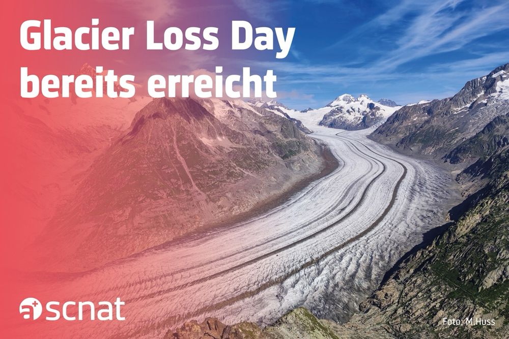 Der Aletschgletscher mit dem Titel «Glacier Loss Day bereits erreicht». Dieser Tag ist ein Indikator für den Zustand der Gletscher und die Auswirkungen des Klimawandels. Er markiert den Zeitpunkt, an dem ein Gletscher all das Eis verliert, das er im Winter zuvor angesammelt hat. Alle Schmelze, die nachher bis zum kommenden Winter noch auftritt, trägt zum langfristigen Volumenverlust der Gletscher bei.