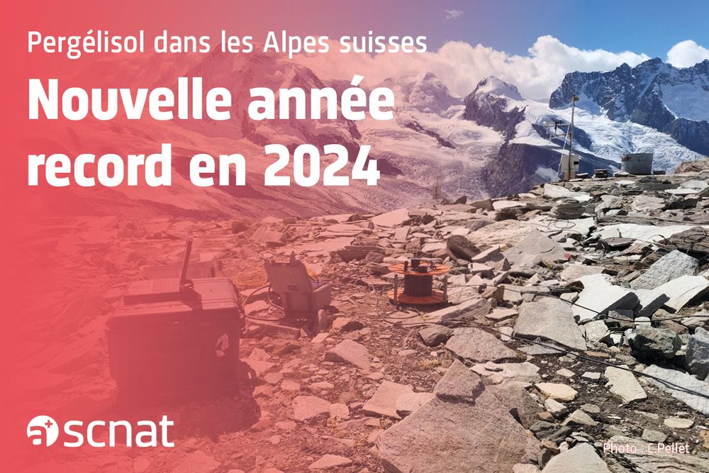Image représentant des mesures géophysiques à proximité de la station météo et du forage au Stockhorn. Le texte est le suivant : « Pergélisol dans les Alpes suisses – Nouvelle année record en 2024 ».