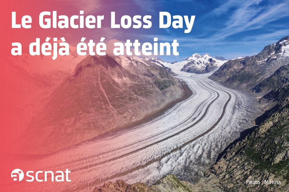 Image représentant le glacier d'Aletsch ayant pour titre « Le Glacier Loss Day a déjà été atteint ». Il s'agit de l'un des indicateurs soulignant l'état des glaciers et les effets du changement climatique. Il marque le moment de l'année où un glacier a perdu toute la glace qu'il a accumulée pendant l'hiver précédent. Toute fonte supplémentaire jusqu'au prochain hiver contribue à la perte de volume des glaciers sur le long terme.