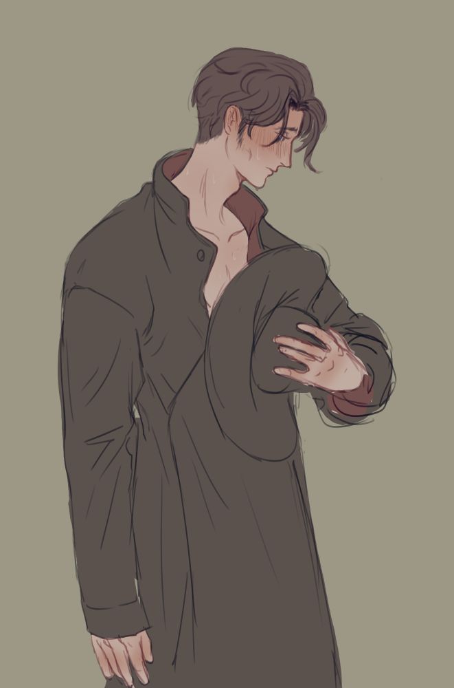 a sketch of a brown haired man in a black coat holding a hat to his chest, flushing