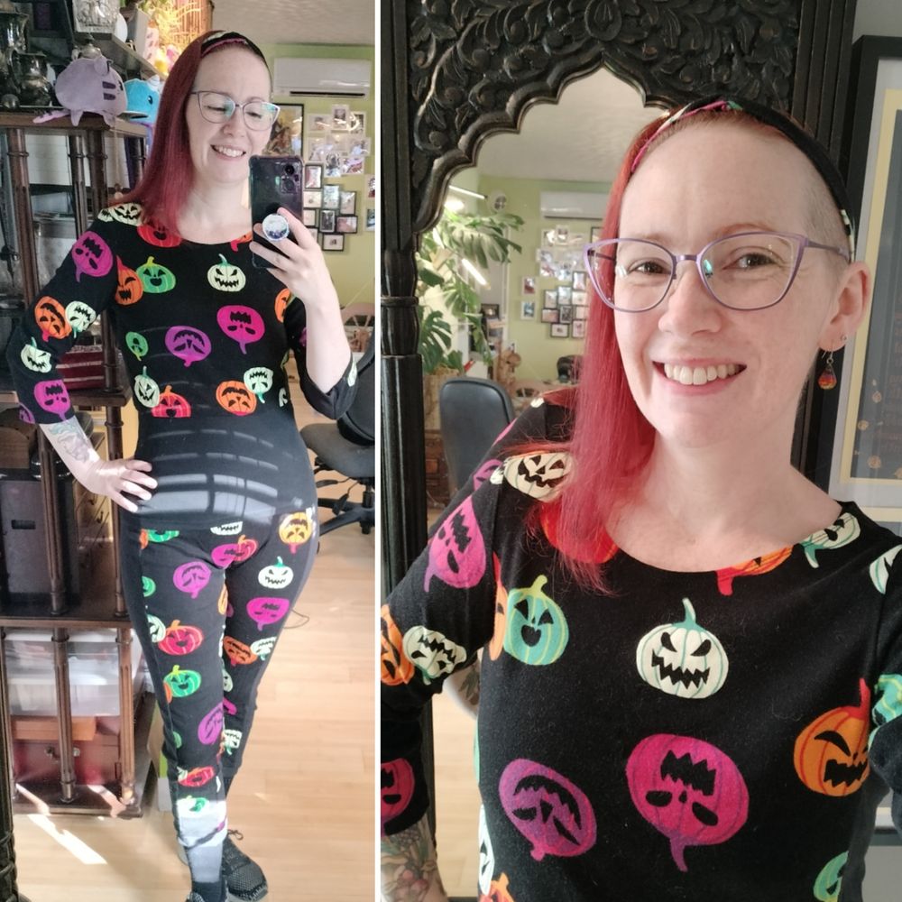 A selfie collage of a pale white woman with red hair wearing a two-piece t-shirt and legging set in black printed with multicolored jack-o'-lanterns in green, magenta, purple, and orange.