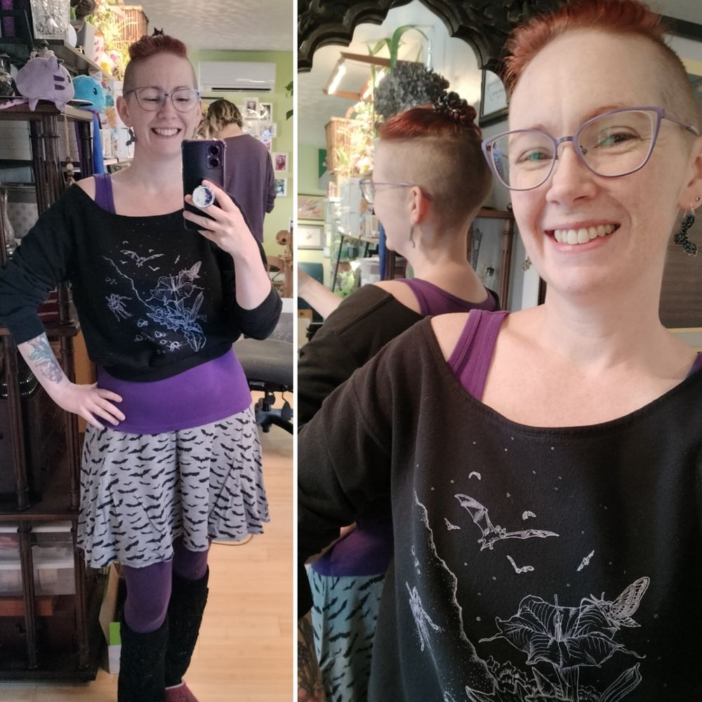 A selfie collage of a pale white woman with red hair wearing a black sweatshirt printed with desert animals at night including bats and tarantulas over a purple tank top and a gray skirt printed with an assortment of flying bat silhouettes and black.