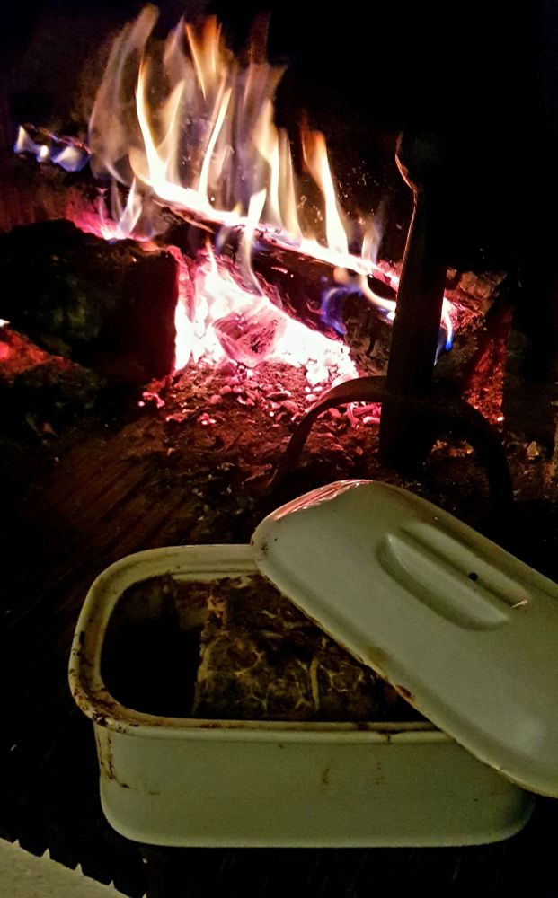 Gros plan sur un feu de cheminée avec une terrine de pâté au premier plan.
