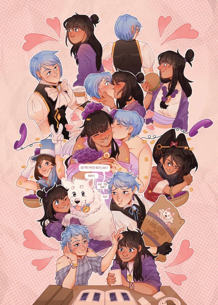 A digital drawing of Franziska von Karma and Maya Fey from Ace Attorney.  The piece has a cream-colored background and shows the two of them in different time stages  of their life. On top of the artwork Franziska and Maya have their backs turned to one another.  Underneath it they finally turn to look at one another. The next image in the piece shows them  sharing their first kiss with Maya pulling Franziska closer. In the middle of the picture, they can  be seen on their wedding day with purple flowers and their flower girls; Trucy and Kay. Franziska  is kissing his wife on the cheek. Below this follows them getting a dog together. Maya is holding  up a big, fluffy white Samoyed who’s collar reads the name “Sahne” (Ger. for Cream). The last  and most recent stage of their life is displayed on the bottom of the digital drawing: It shows  Franziska and Maya a little older, looking at photographs and memories together. Franziska  lovingly strokes through Maya’s hair during it.