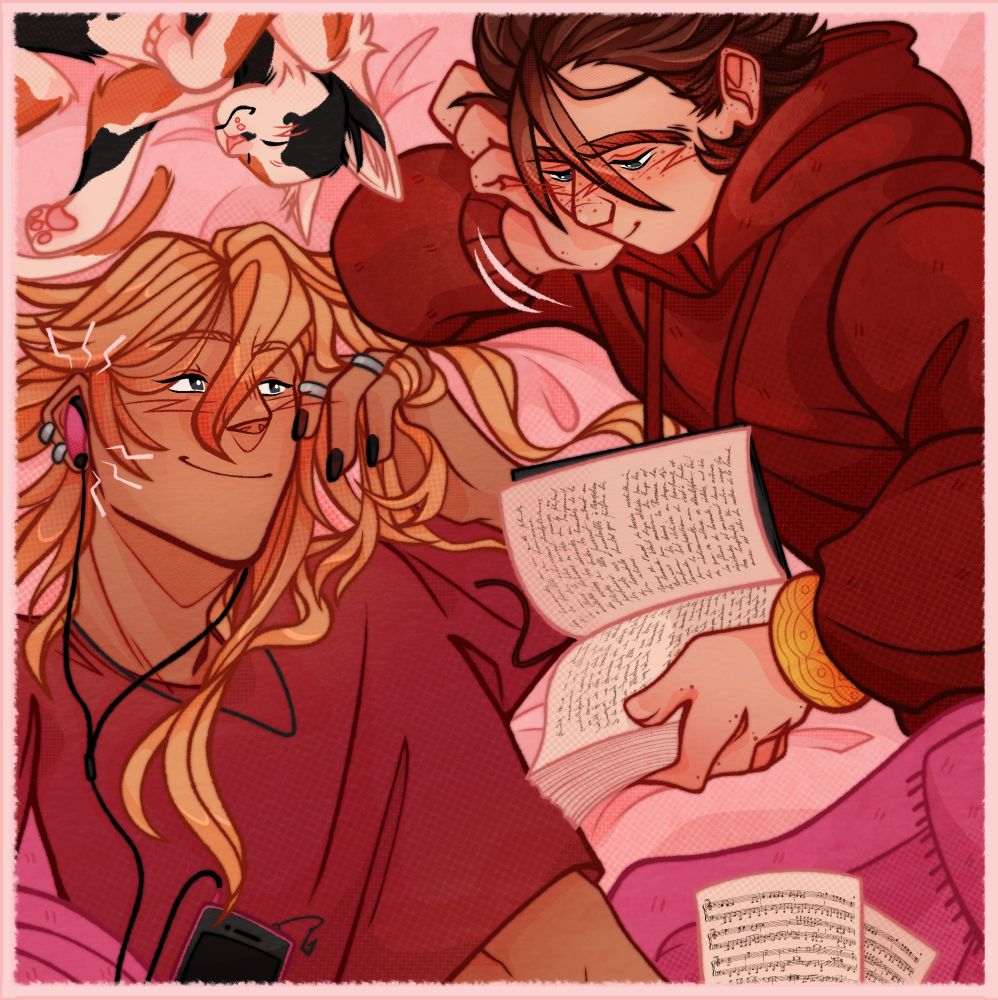 A digital drawing of Klavier and Apollo from Ace Attorney sending a calm Sunday morning with one another in bed. Klavier lies on his back with his hair open, listening to music and gazing lovingly at Apollo who's reading a book. Apollo calico cat is curled up beside them.