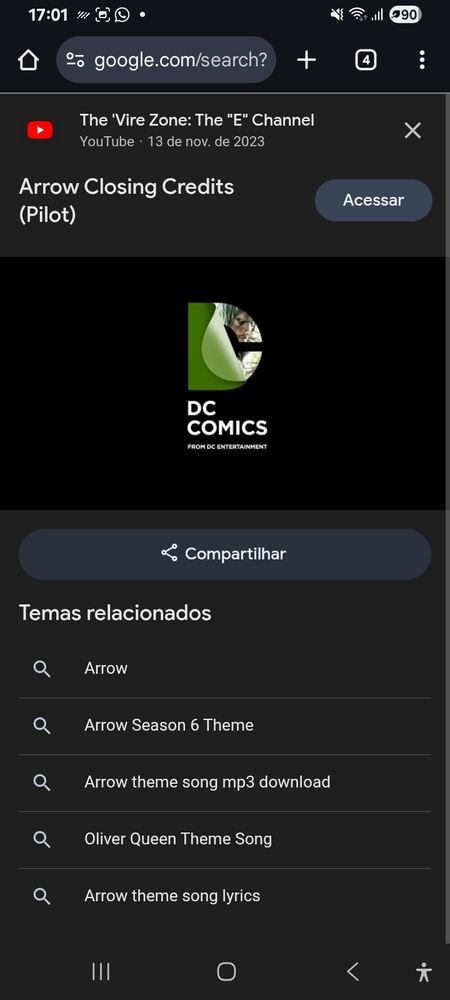 Screenshot of a YouTube video of the End Credits of Arrow (2012), showing the DC logo of the era: a folded D like a page showing a C underneath, it's neat. The C has the Green Arrow inside it, unlike the show itself.
