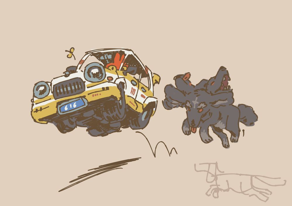 a rally car being chased by a three-headed poodle cerberus