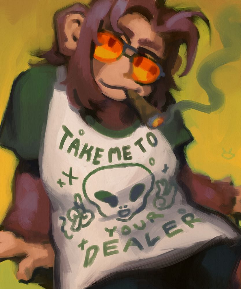 mikey wearing bright orange sunglasses, smoking a blunt and wearing a shirt that says "take me to your dealer"