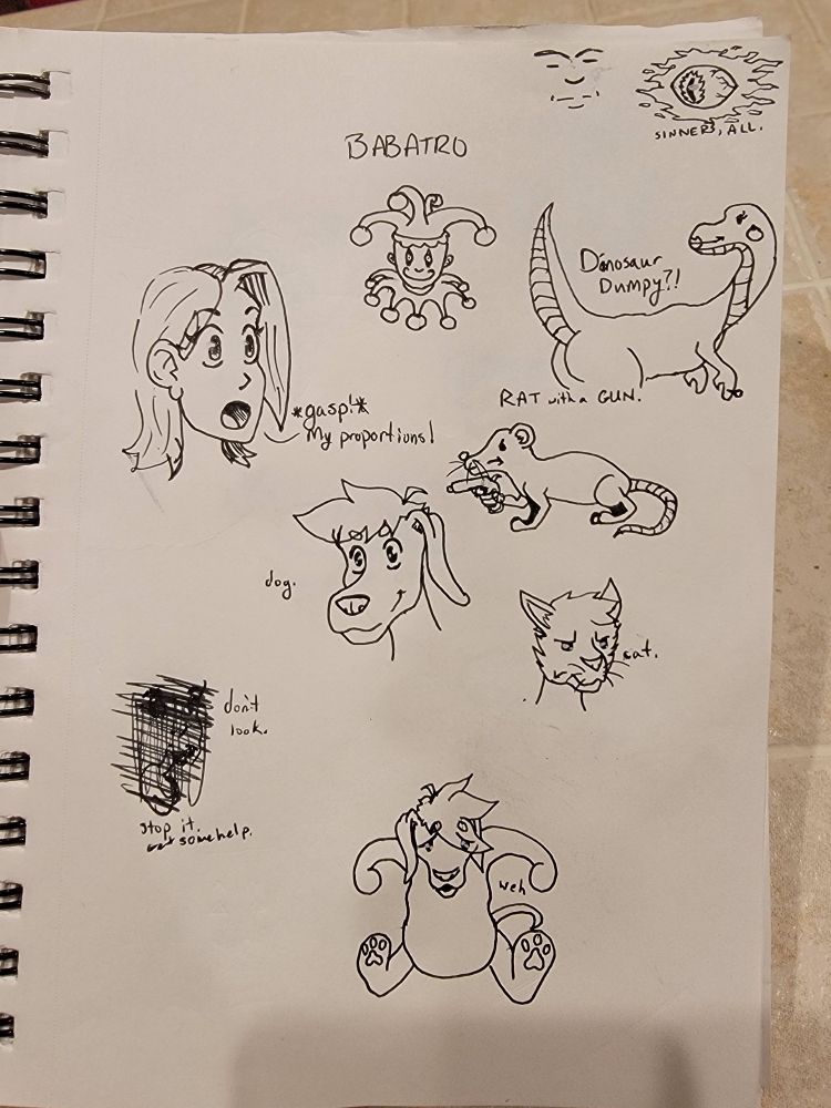 Various sketches: An angry cat, a happy dog, a chubby dog saying "weh", a Balatro joker, a dinosaur with a fat ass, and an evil eye.