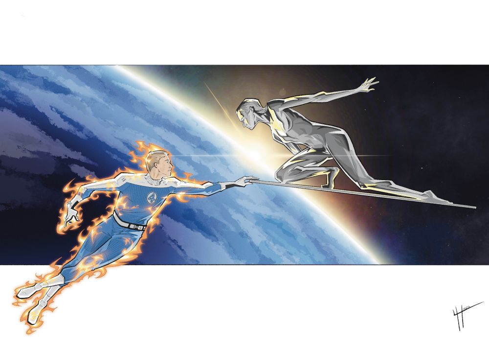 Fanart of the human torch and Shalla-Bal set Infront of the earth from space, based from a scene in the 2025 film 'Fantastic Four: First Steps'