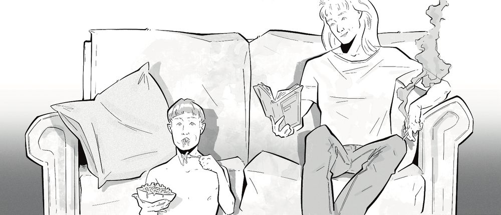 Cropped comic panel a mother and son sit on a couch, the mother reading a book whilst the son eats a bowl of Mac n cheese 