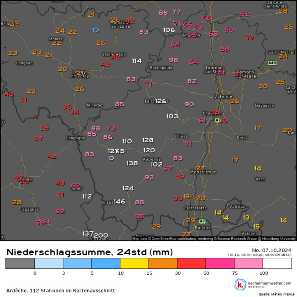 Niederschlagssumme, 24std, Messwerte Ardèche vom 08.10.2024, 08:00 Uhr